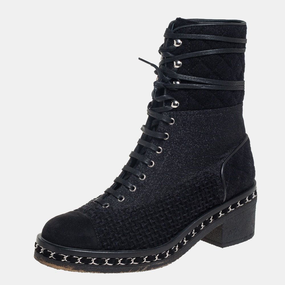 luxury-women-chanel-used-shoes-p432121-014 Chanel Black Tweed And Suede Combat Boots Size 39