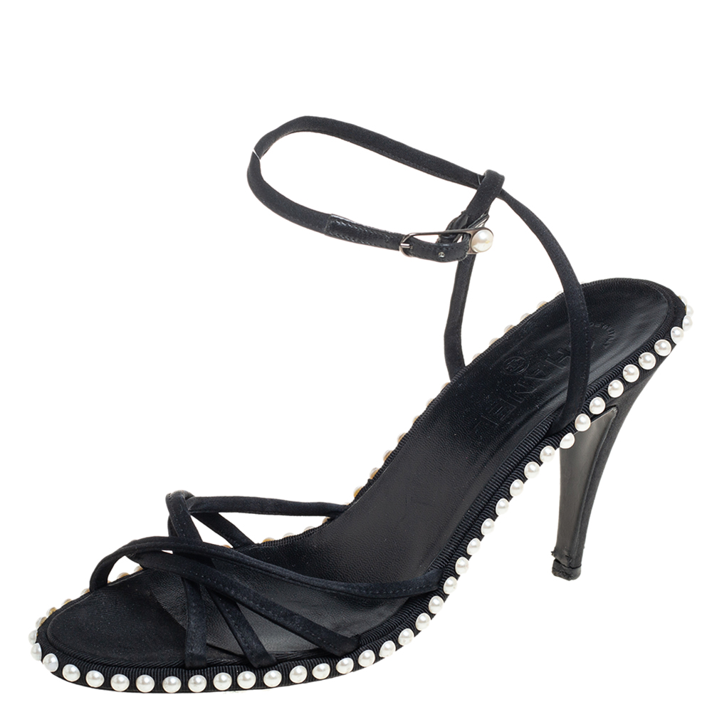 luxury-women-chanel-used-shoes-p445020-004 Chanel Black Satin Pearl Embellished Ankle Wrap Sandals Size 39.5