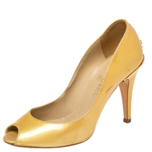 Chanel Gold Patent Leather CC Peep Toe Pumps Size 36.5