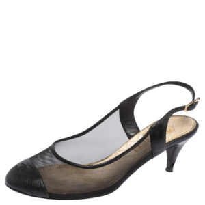 Chanel Black Mesh And and Lizard CC Cap Toe Slingback Sandals Size 36.5