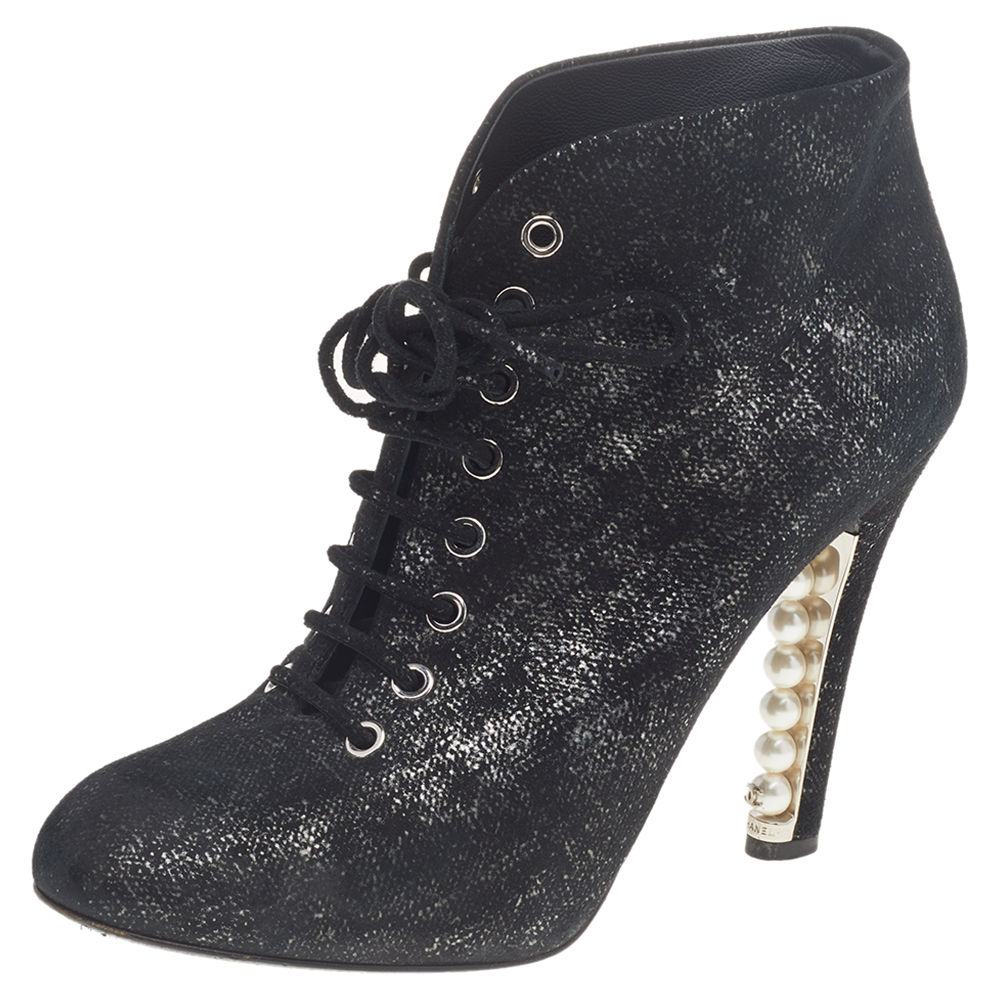 luxury-women-chanel-used-shoes-p514600-007-2 Chanel Black/Silver Suede Pearl Heel Lace Up Ankle Boots Size 38