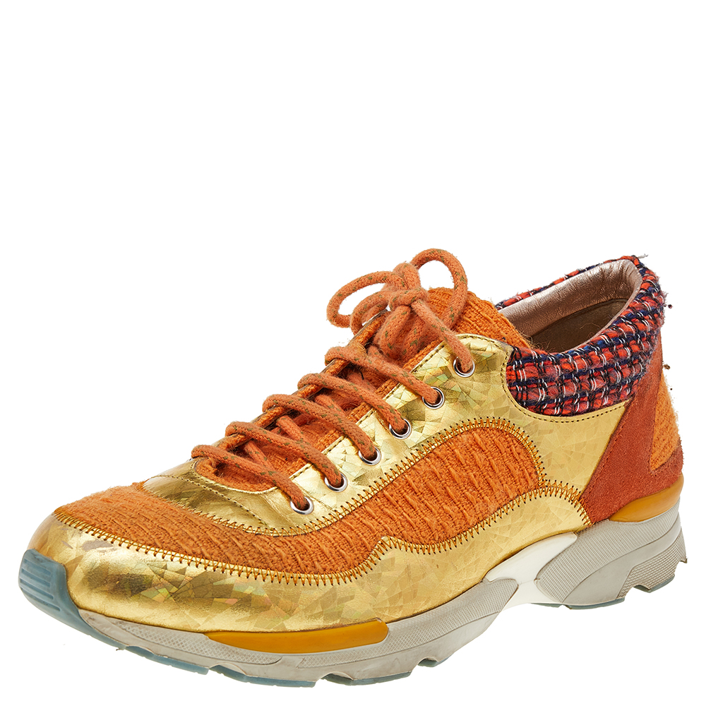 luxury-women-chanel-used-shoes-p533329-002-2 Chanel Orange/Gold Tweed And Suede CC Low Top Sneakers Size 38