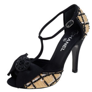 Chanel Beige/Black Mesh And Fabric Ankle Strap Sandals Size 38