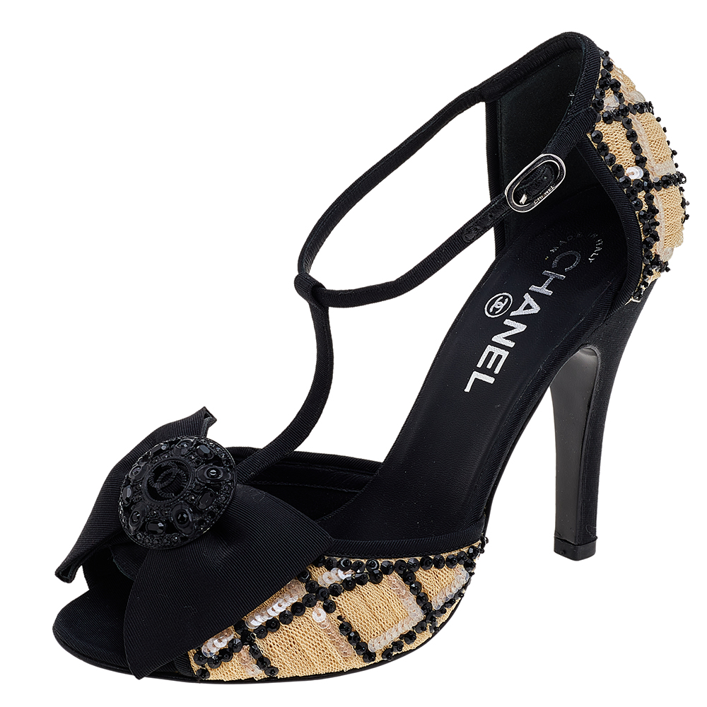 luxury-women-chanel-used-shoes-p541015-010-2 Chanel Beige/Black Mesh And Fabric Ankle Strap Sandals Size 38