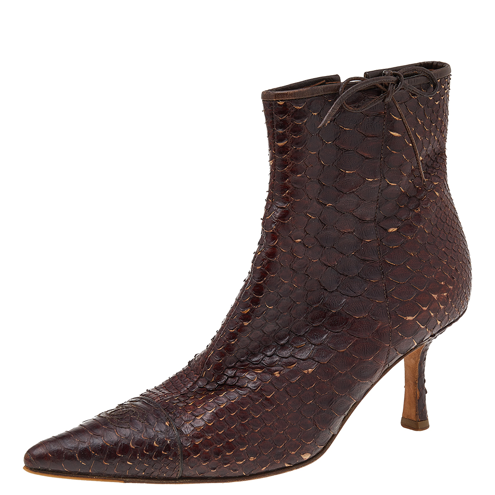 luxury-women-chanel-used-shoes-p541441-005-2 Chanel Dark Brown Python Leather Pointed Toe Ankle Length Boots Size 38.5