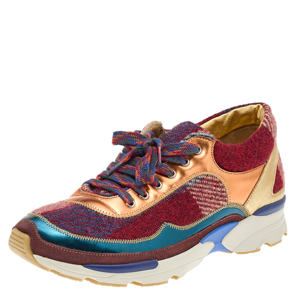 luxury-women-chanel-used-shoes-p569334-001-1 Chanel Multicolor Patent Leather And Tweed CC Low Top Sneakers Size 38.5