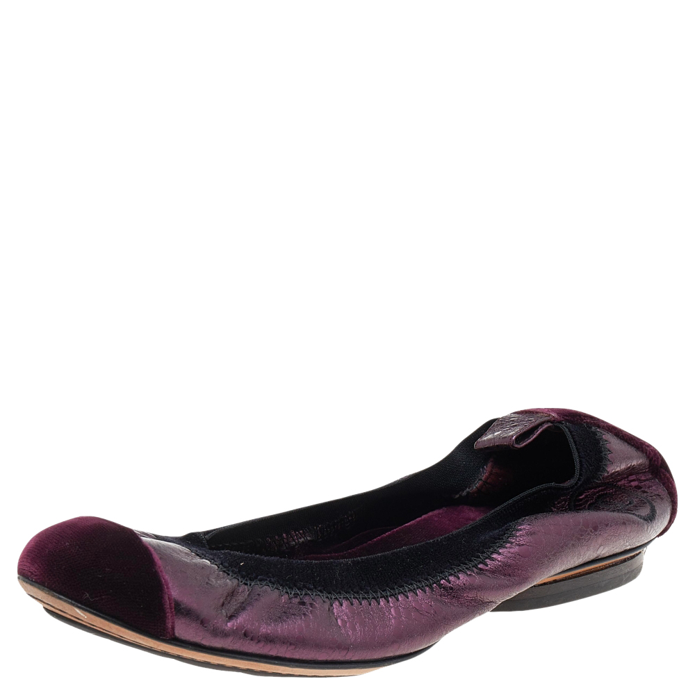 luxury-women-chanel-used-shoes-p596741-003-2 Chanel Black/Purple Velvet and Leather Scrunch CC Cap Toe Ballet Flats Size 34.5