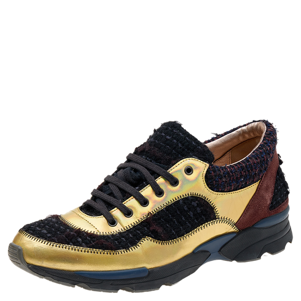 luxury-women-chanel-used-shoes-p601162-010-2 Chanel Multicolor Tweed Fabric And Leather CC Lace Up Sneakers Size 38.