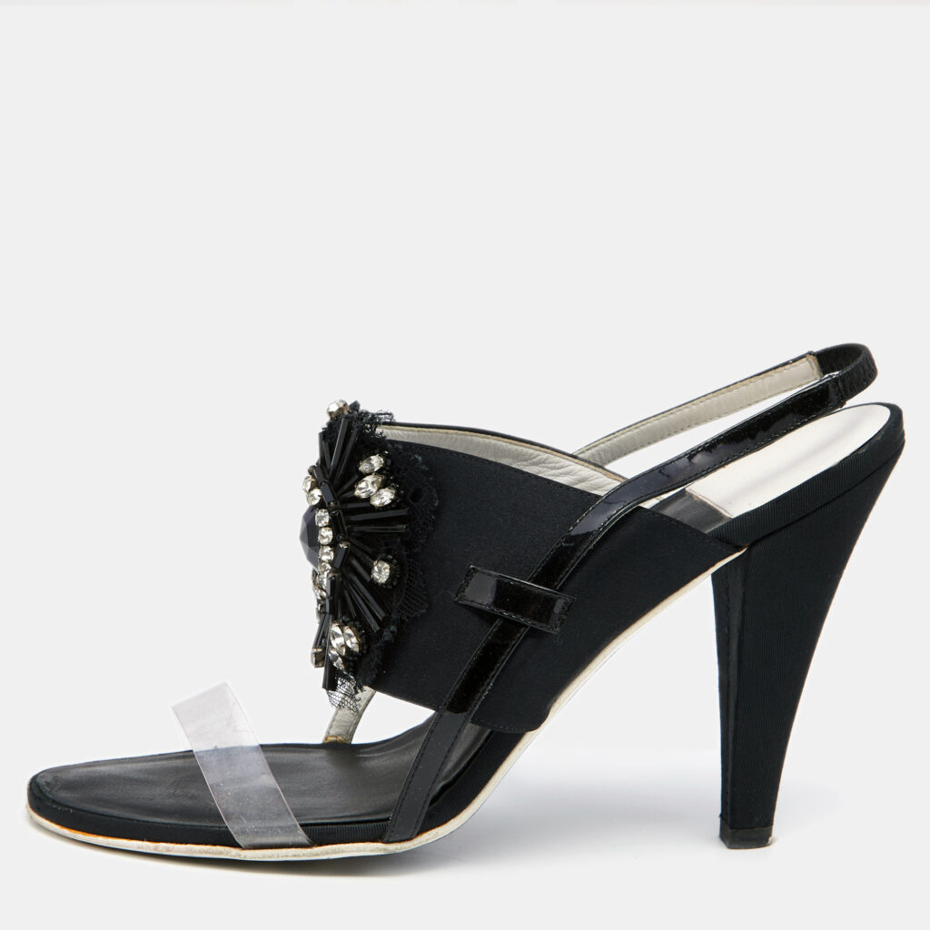 luxury-women-chanel-used-shoes-p629687-007-2 Chanel Black Satin And PVC Embellished Slingback Sandals Size 40