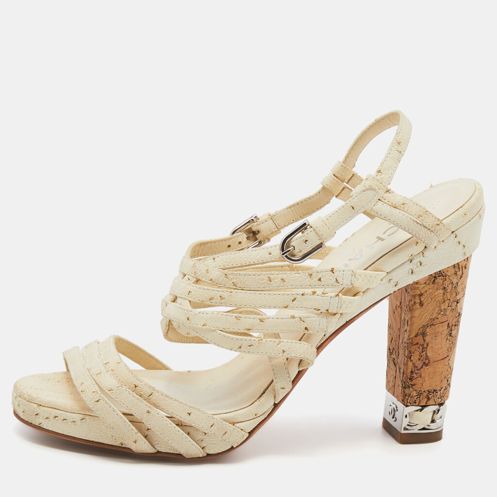 luxury-women-chanel-used-shoes-p640615-004-2 Chanel Cream Leather Chain Embellished Cork Block Heel Strappy Sandals Size 38.5