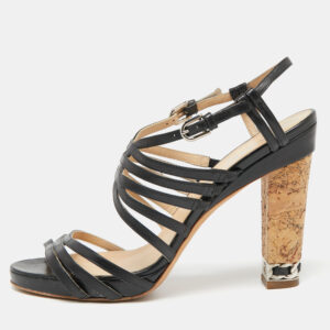 Chanel Black Leather Cork Heel Strappy Sandals Size 40.5