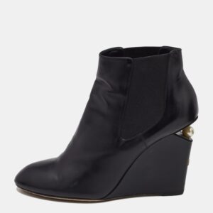 Chanel Black Leather Pearl Embellished CC Wedge Booties Size 40