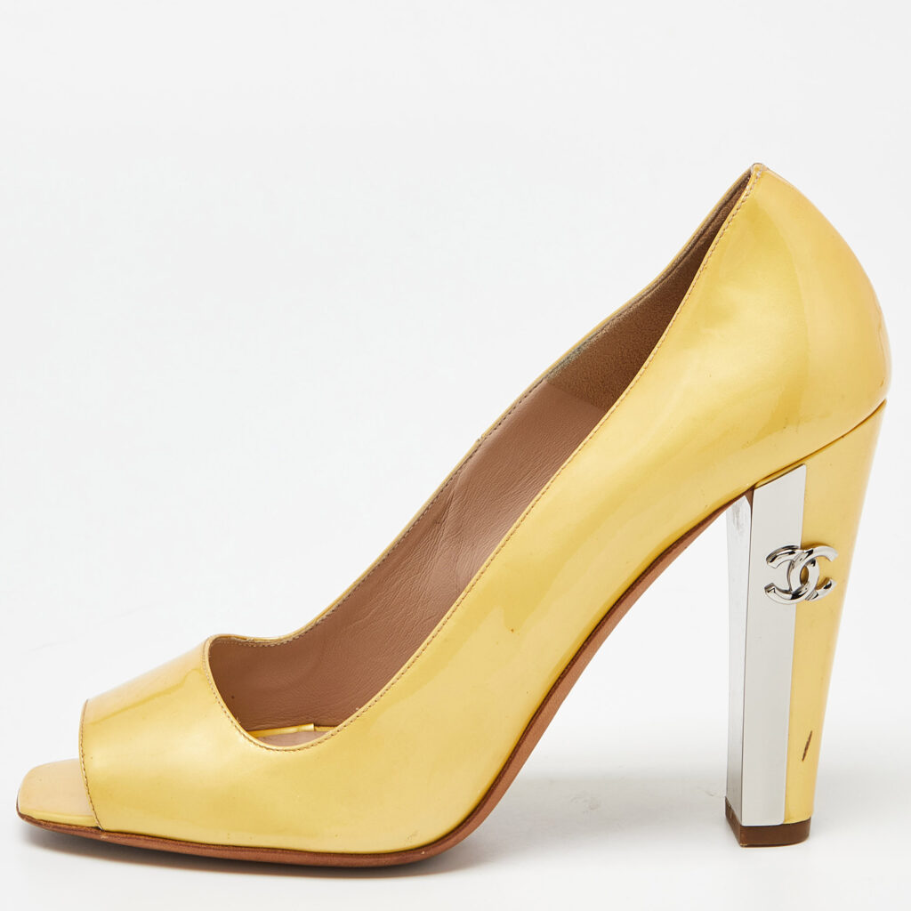 luxury-women-chanel-used-shoes-p862775-002 Chanel Yellow Patent Leather CC Open Toe Pumps Size 38