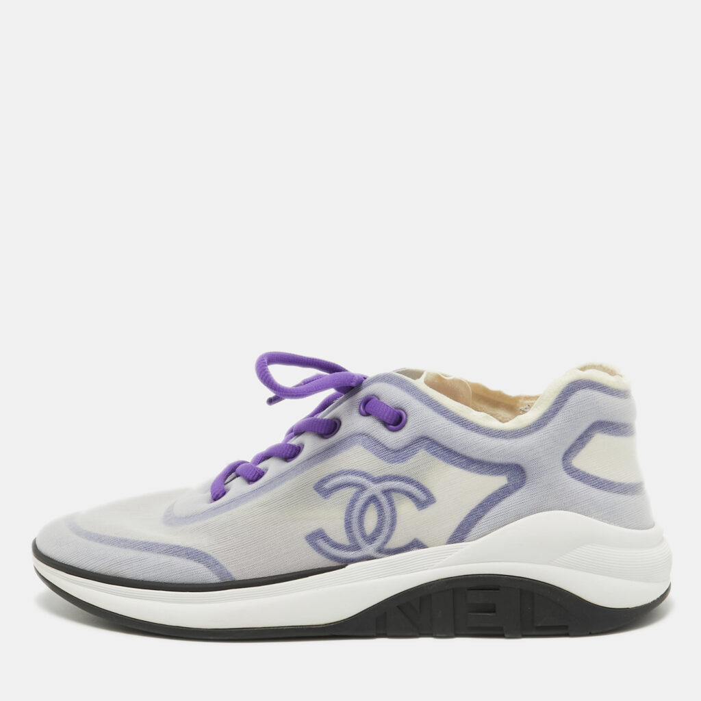 luxury-women-chanel-used-shoes-p918014-001 Chanel Purple/White Mesh Interlocking CC Logo Sneakers Size 40.5