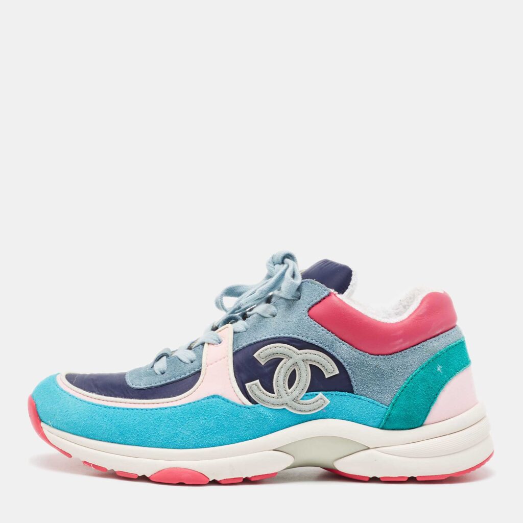 luxury-women-chanel-used-shoes-p918062-003 Chanel Multicolor Suede and Nylon CC Low Top Sneakers Size 40