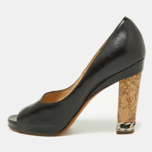 Chanel Black Leather Chain Link Cork Heel Open Toe Pumps Size 38.5