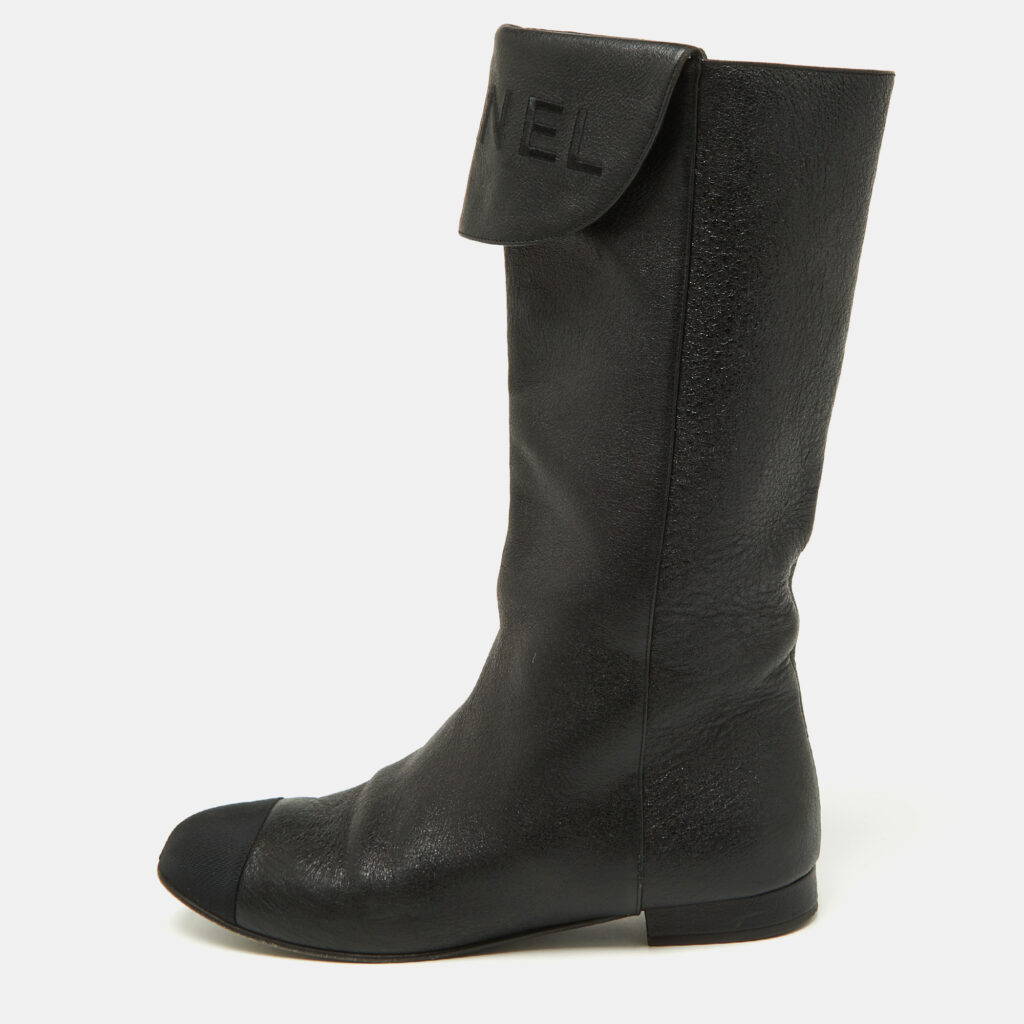 luxury-women-chanel-used-shoes-p930668-004 Chanel Black Leather and Grosgrain Mid Calf Boots Size 37.5