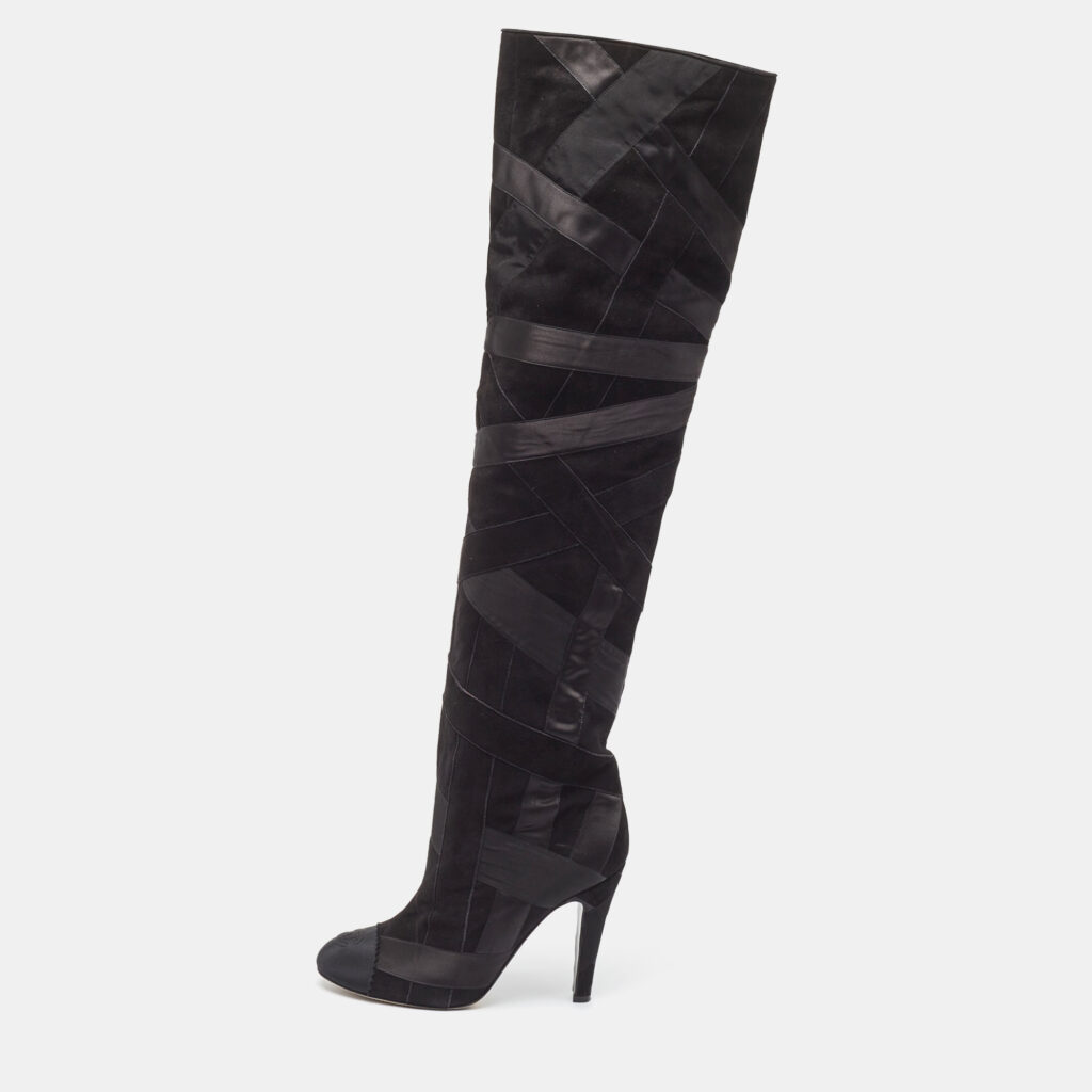 luxury-women-chanel-used-shoes-p949468-010 Chanel Black Suede and Grosgrain CC Cap Toe Knee Length Boots Size 39