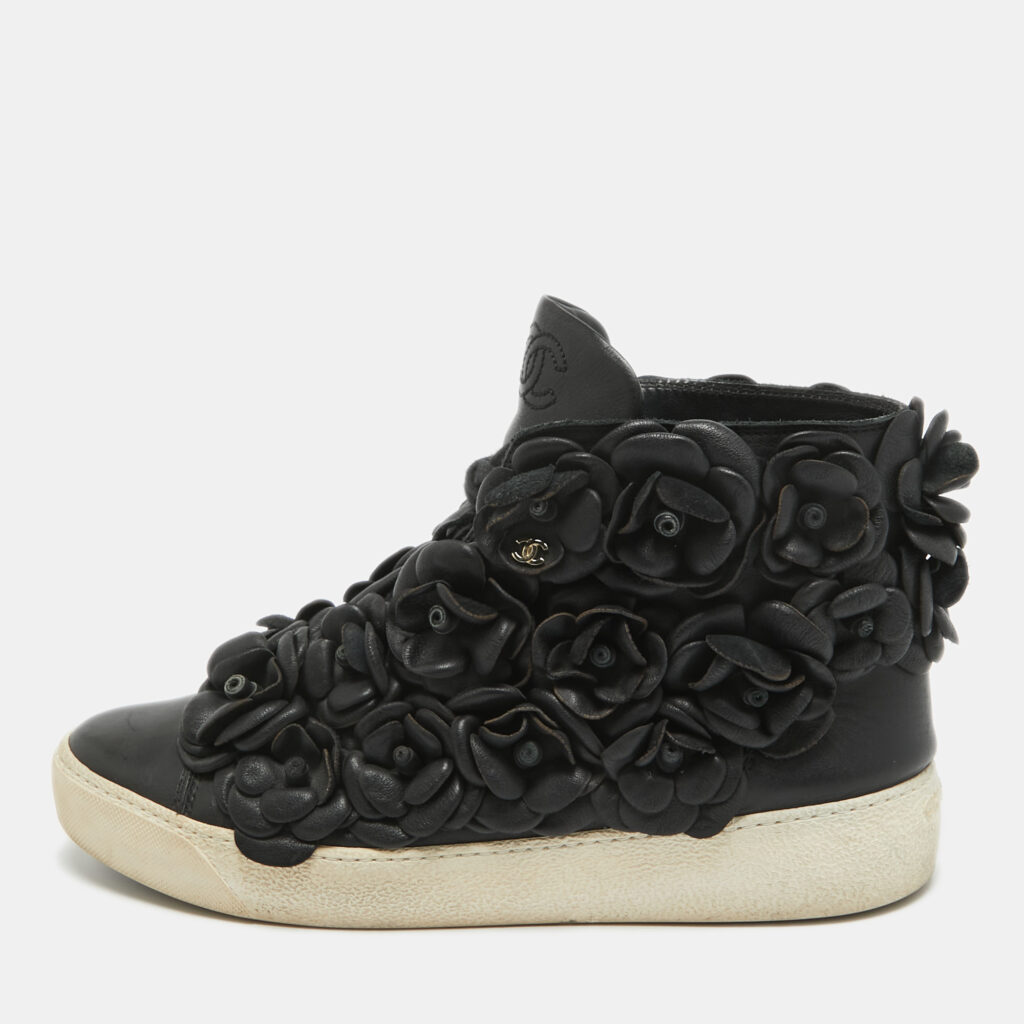 luxury-women-chanel-used-shoes-p963942-001 Chanel Black Leather Camelia High Top Sneakers Size 38.5