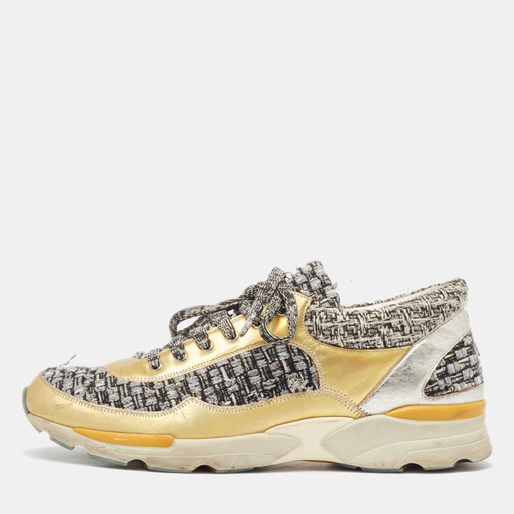 luxury-women-chanel-used-shoes-p988667-003 Chanel Multicolor Tweed and Leather Interlocking Sneakers Size 38