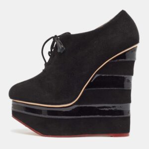 Charlotte Olympia Black Suede and Patent Leather Martha Wedge Booties Size 39.5