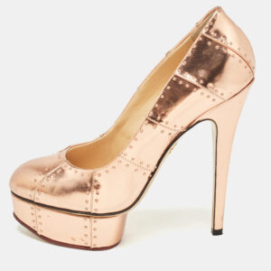Charlotte Olympia Rose Gold Leather Studded Platform Pumps Size 38.5