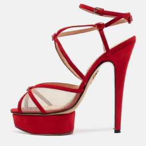Charlotte Olympia Red Suede and Mesh Crystal Isadora Sandals Size 40