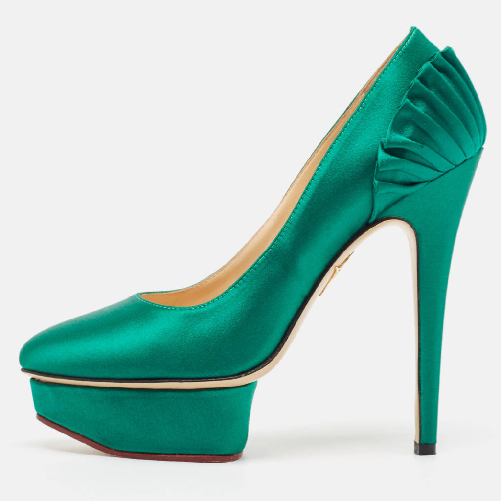 luxury-women-charlotte-olympia-used-shoes-p1038443-010 Charlotte Olympia Green Satin Paloma Platform Pumps Size 37.5