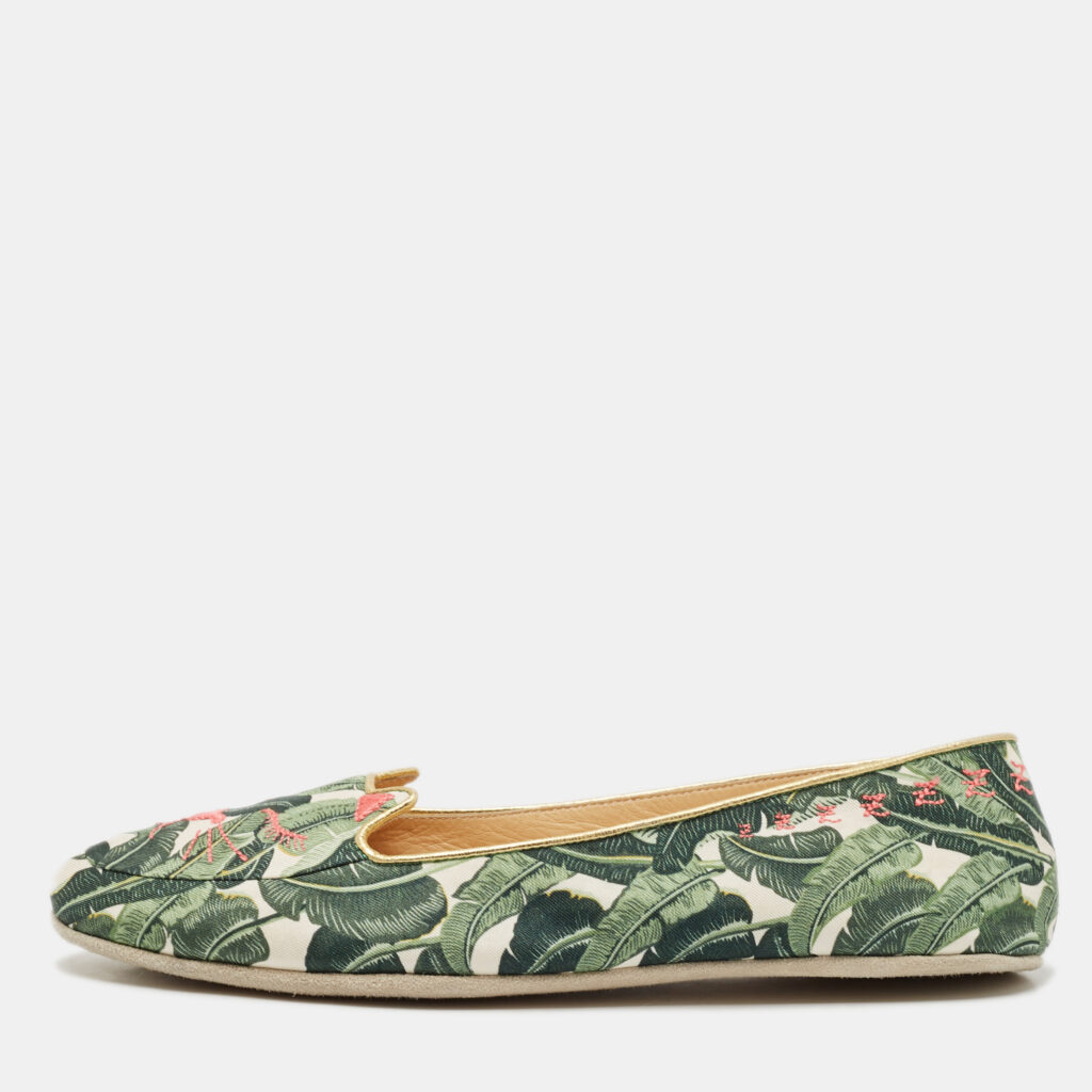 Charlotte Olympia Multicolor Embroidered Fabric Flamingo Smoking Slippers Size 38