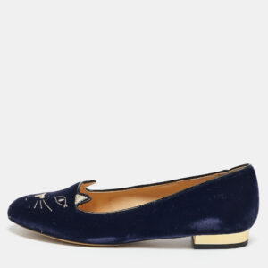 Charlotte Olympia Blue Velvet Kitty Smoking Slippers Size 37