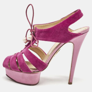Charlotte Olympia Pink/Purple  Velvet Lace Up Platform Sandals Size 39.5