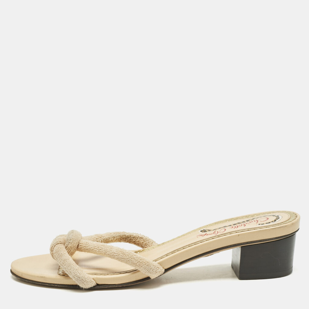 luxury-women-charlotte-olympia-used-shoes-p1154560-001 Charlotte Olympia Beige Fabric Knot Rope Slide Sandals Size 38