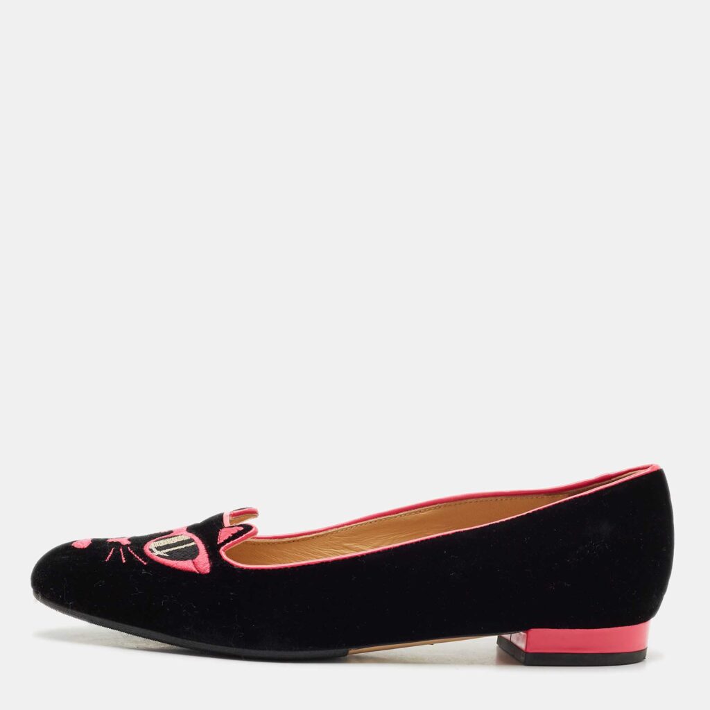 luxury-women-charlotte-olympia-used-shoes-p1155774-003 Charlotte Olympia x Barbie Collection Black/Pink Velvet Kitty Ballet Flats Size 37.5