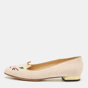 Charlotte Olympia Pink/Gold Canvas Kitty Ballet Flats Size 37.5