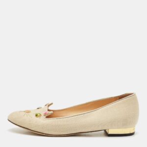 Charlotte Olympia Light Gold Fabric Kitty Crystals Ballet Flats Size 37.5