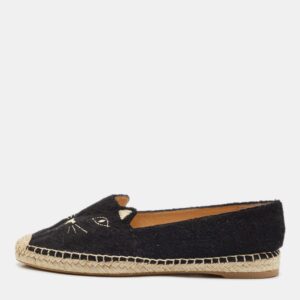 Charlotte Olympia Black Canvas Kitty Espadrille Flats Size 38