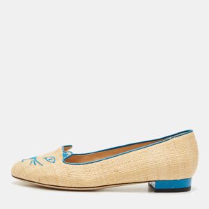 Charlotte Olympia Cream/Blue Raffia Kitty Ballet Flats Size 38