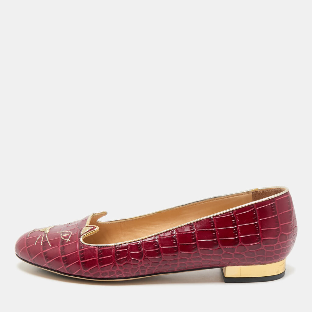 luxury-women-charlotte-olympia-used-shoes-p1156150-001 Charlotte Olympia Burgundy Croc Embossed Leather Smoking Slippers Size 38.5