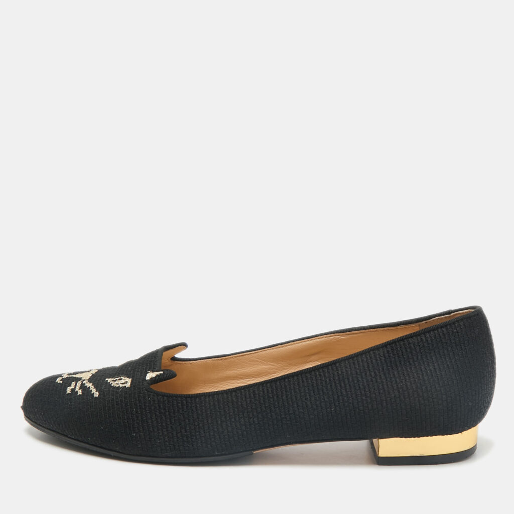 luxury-women-charlotte-olympia-used-shoes-p1156267-001 Charlotte Olympia Black Canvas Kitty Smoking Slippers Size 37.5