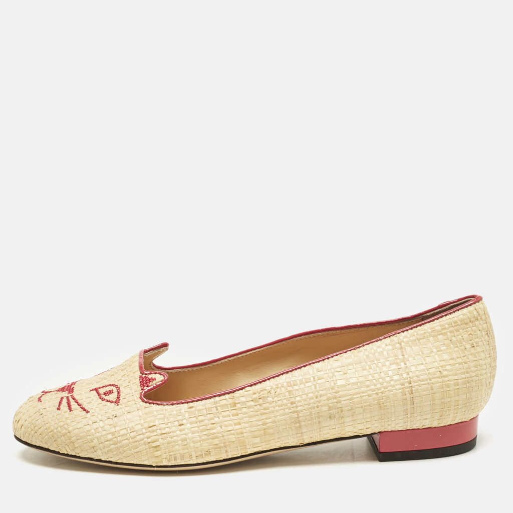 luxury-women-charlotte-olympia-used-shoes-p1156572-002 Charlotte Olympia Beige Raffia Kitty Smoking Slippers Size 38
