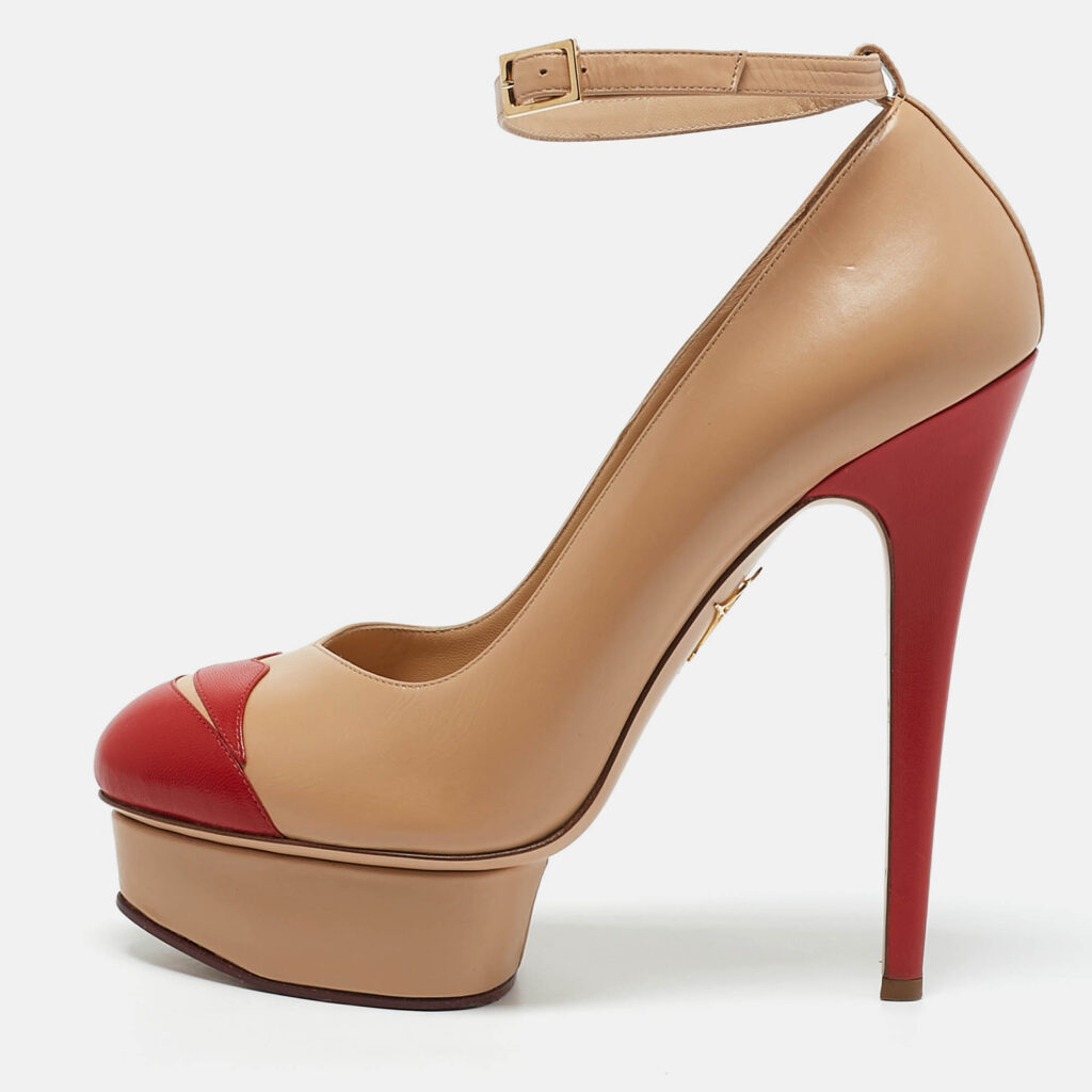 luxury-women-charlotte-olympia-used-shoes-p1158843-010 Charlotte Olympia Beige/Red Leather Kiss Me Dolores! Pumps Size 40