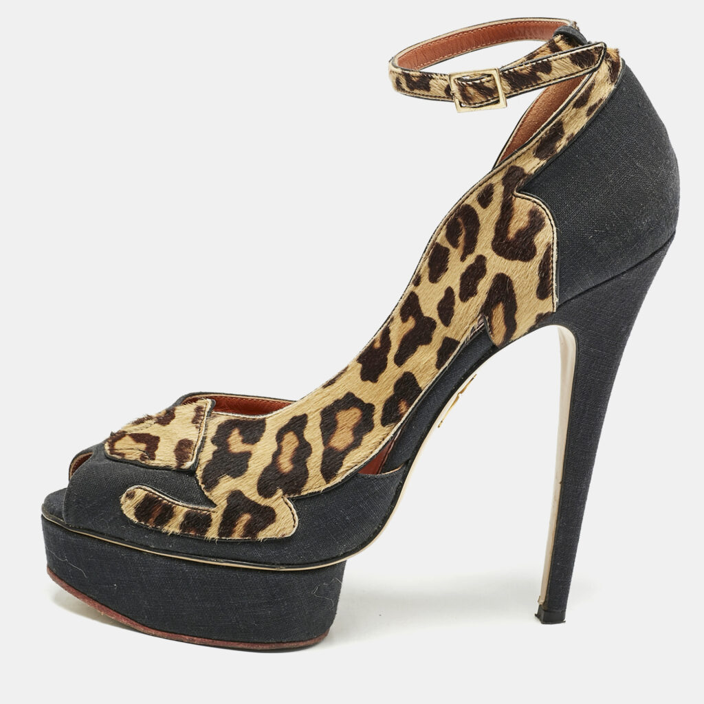 luxury-women-charlotte-olympia-used-shoes-p1159002-006 Charlotte Olympia Black/Brown Calfhair and Fabric Leopard D'orsay Pumps Size Size 41