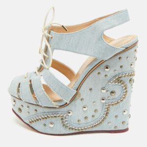 Charlotte Olympia Blue Denim Studded Cut Out Wedge Platform Sandals Size 38