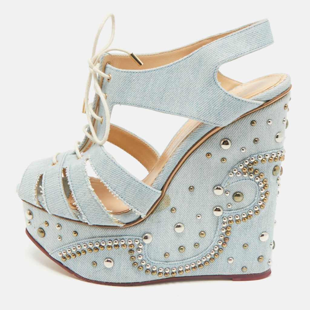 luxury-women-charlotte-olympia-used-shoes-p1159261-010 Charlotte Olympia Blue Denim Studded Cut Out Wedge Platform Sandals Size 38