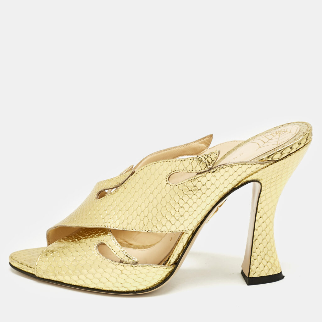 luxury-women-charlotte-olympia-used-shoes-p1161176-008 Charlotte Olympia Gold Snakeskin Embossed Patent Leather Cut Out Slide Sandals Size 38
