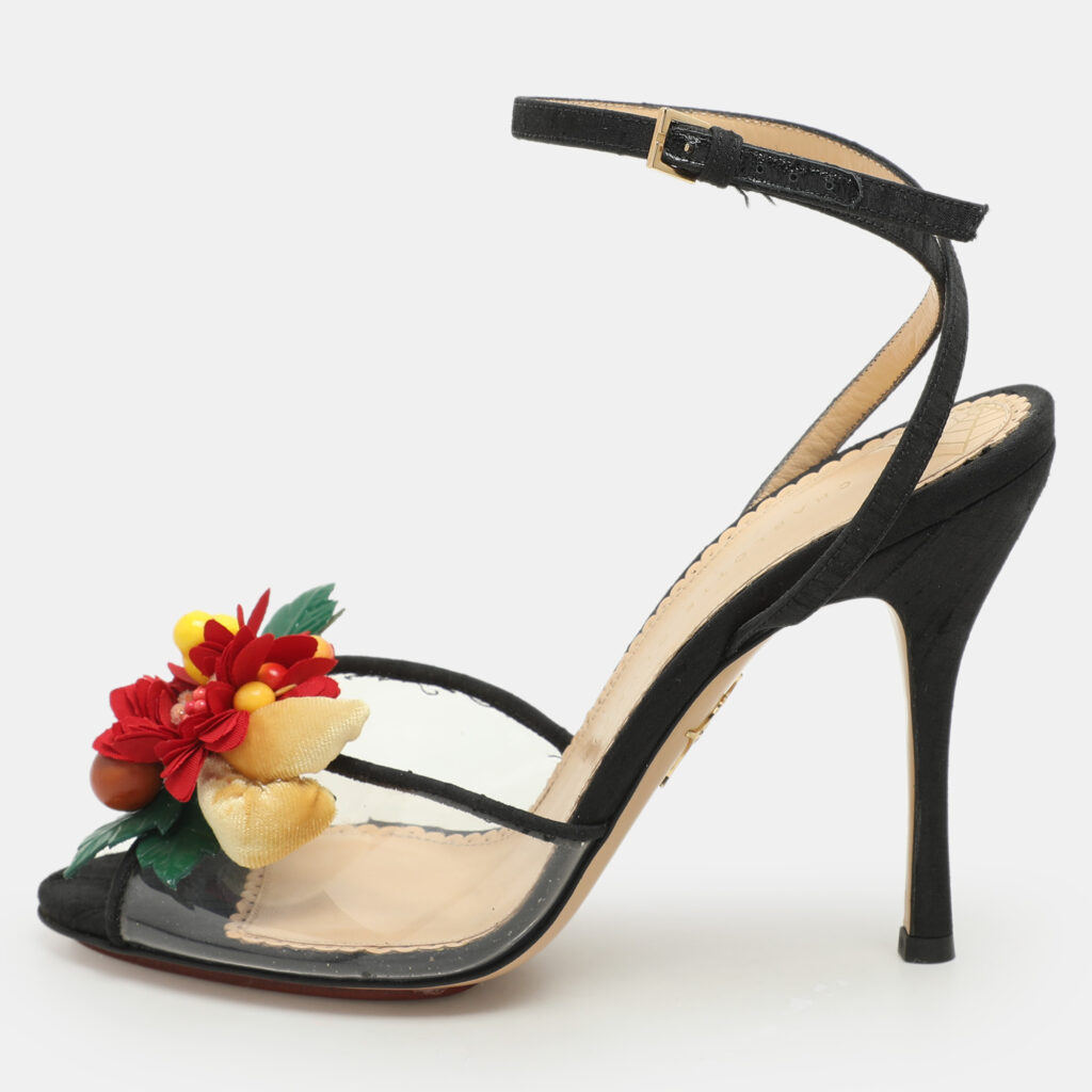 luxury-women-charlotte-olympia-used-shoes-p1164890-001 Charlotte Olympia Black Canvas Trims And PVC Tropicana Ankle Strap Sandals Size 39