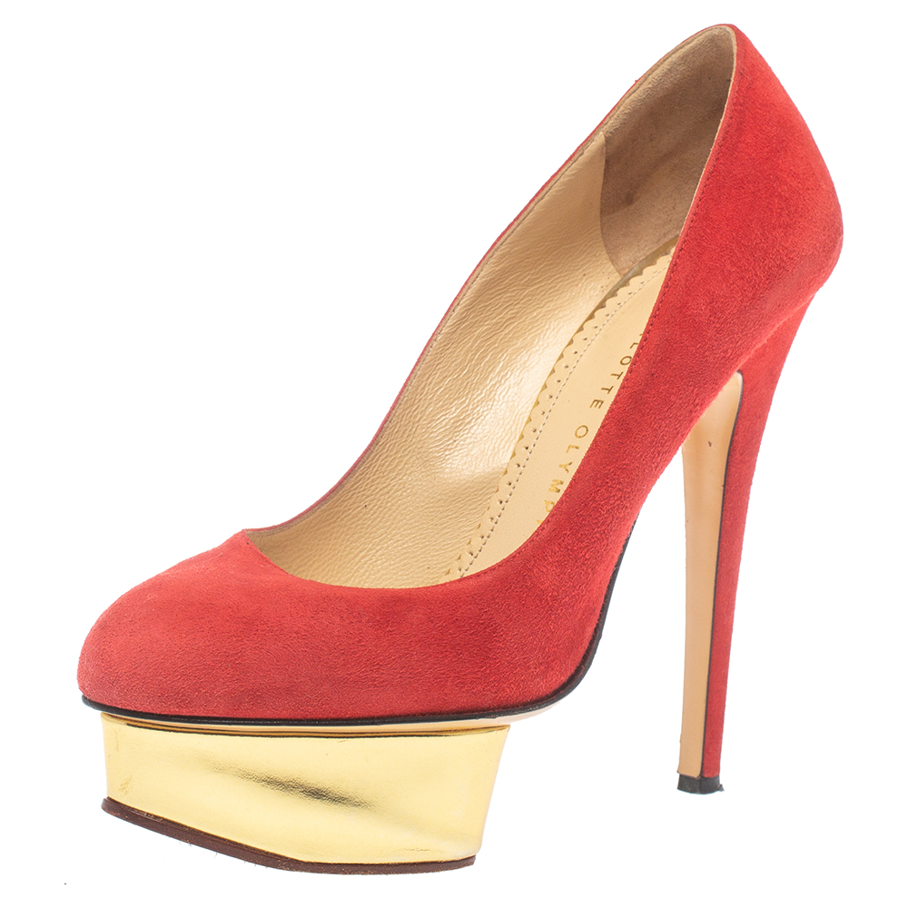 luxury-women-charlotte-olympia-used-shoes-p383913-005 Charlotte Olympia Red Suede Leather Dolly Platform Pumps Size 37.5