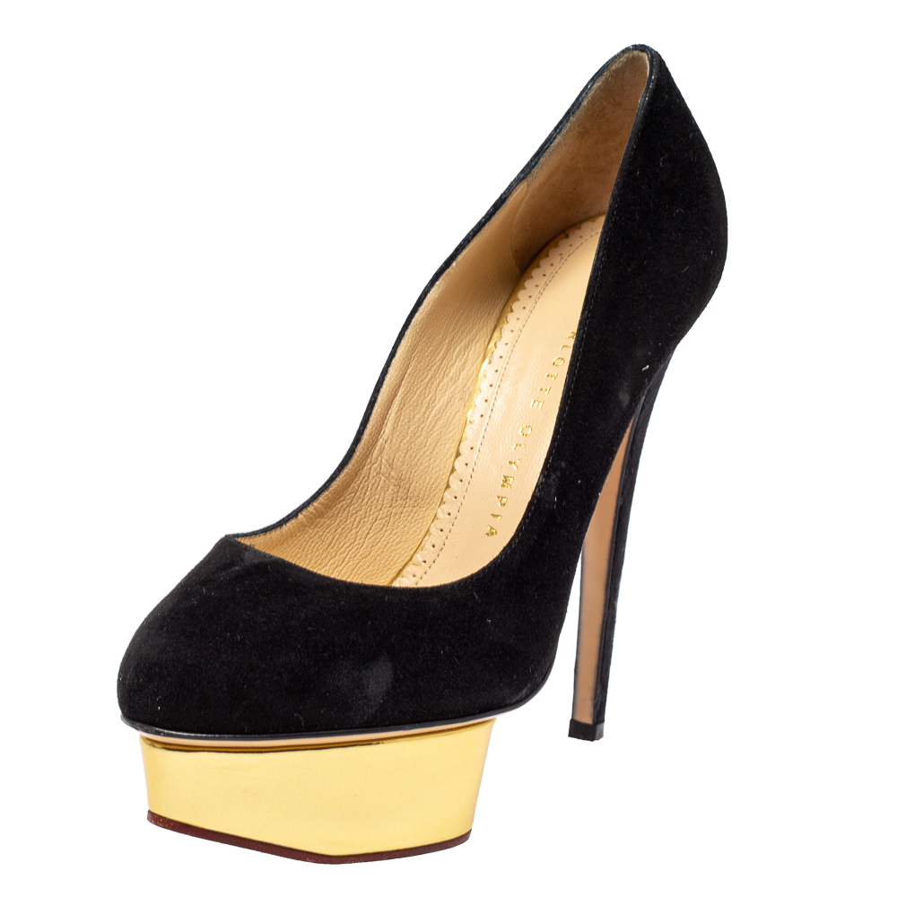 luxury-women-charlotte-olympia-used-shoes-p384666-002 Charlotte Olympia Black Suede Dolly Platform Pumps Size 37