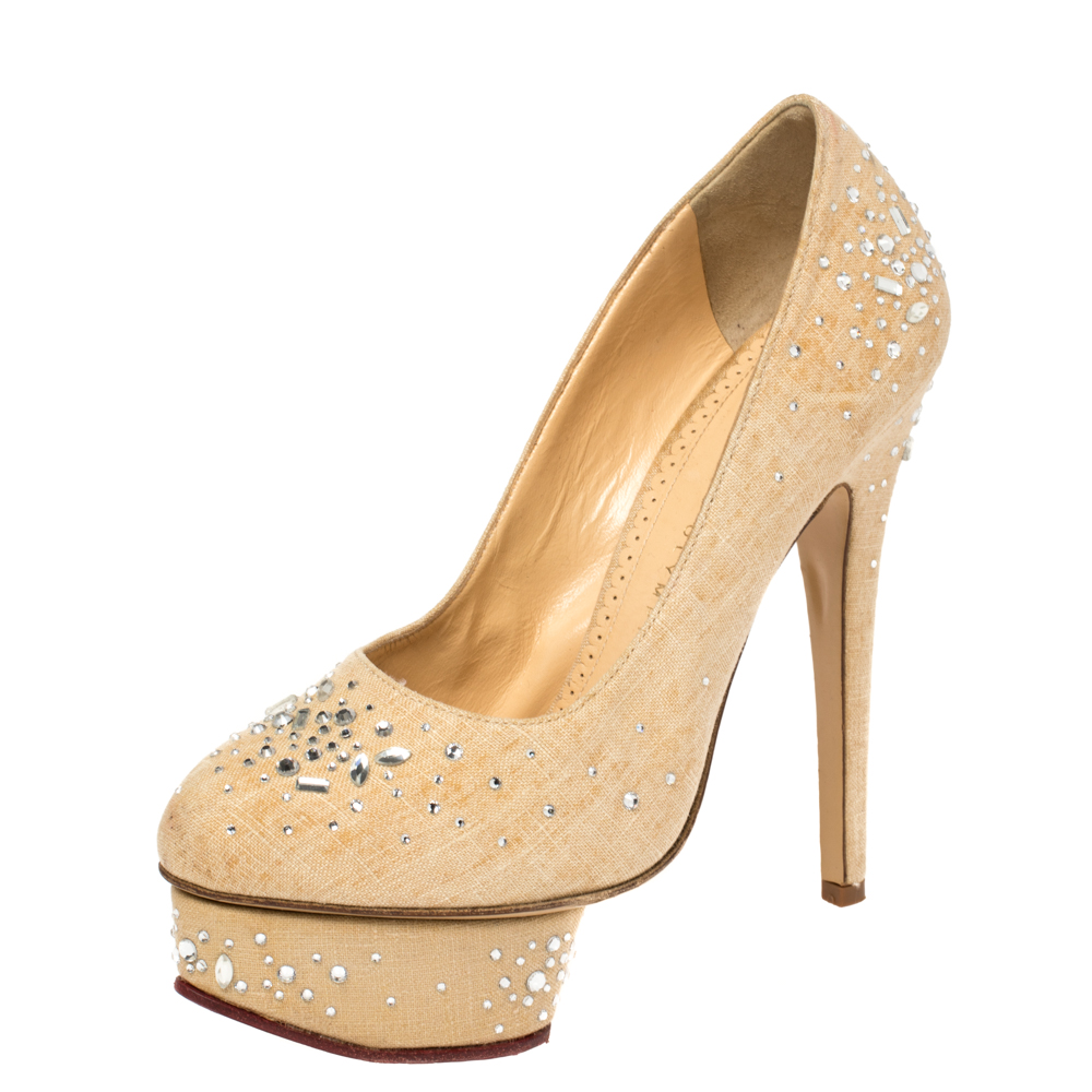 luxury-women-charlotte-olympia-used-shoes-p386784-007 Charlotte Olympia Beige Canvas Crystal Embellished Dolly Platform Pumps Size 36.5