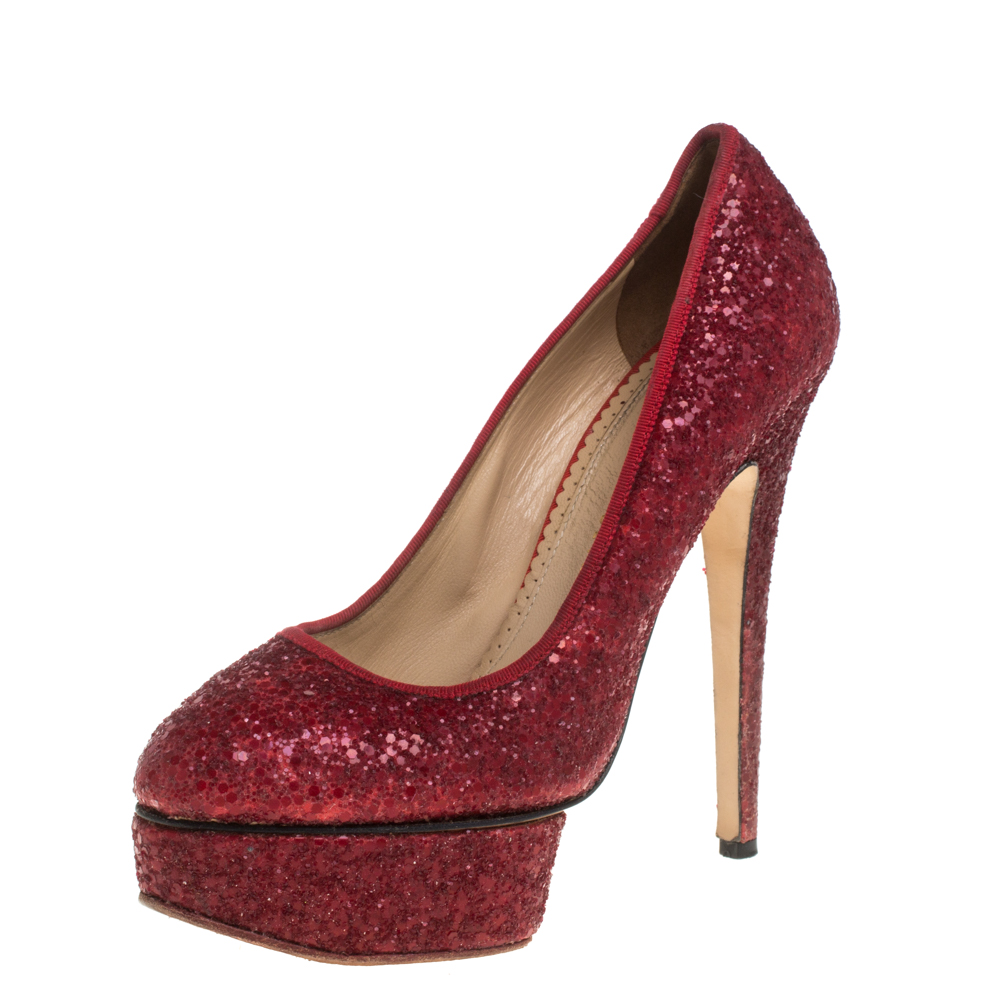 luxury-women-charlotte-olympia-used-shoes-p387064-006 Charlotte Olympia Red Glitter Priscilla Platform Pumps Size 38.5